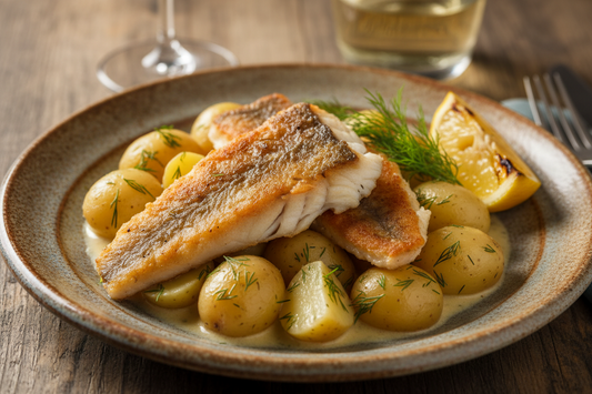 Smörstekt sejrygg med dillstuvad färskpotatis, brynt smör och inlagd citron