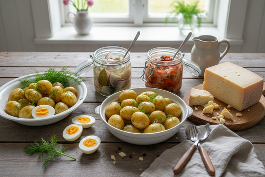 Tre sorters egeninlagd sill med dillkokt färskpotatis, hårdkokt ägg och Västerbottenost